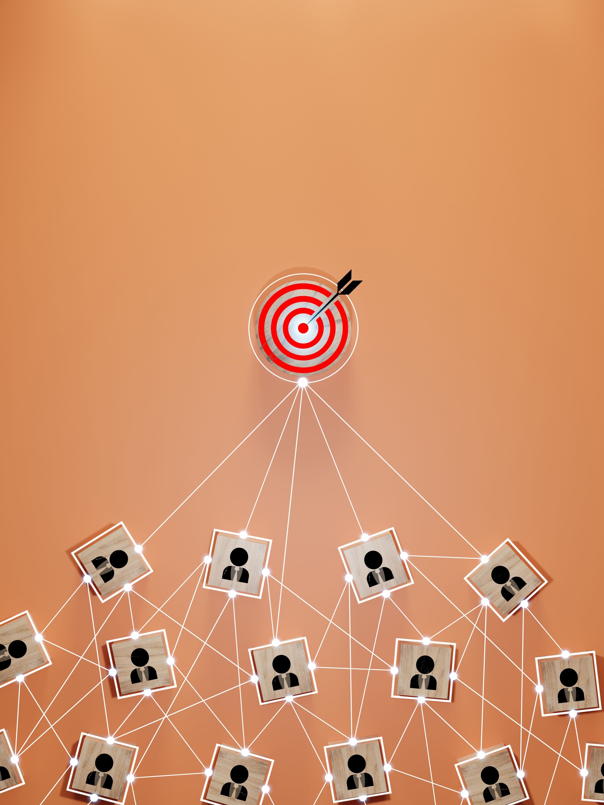 Red dartboard and black arrow connection linkage with human icon for customer focus target group and customer relation management concept.